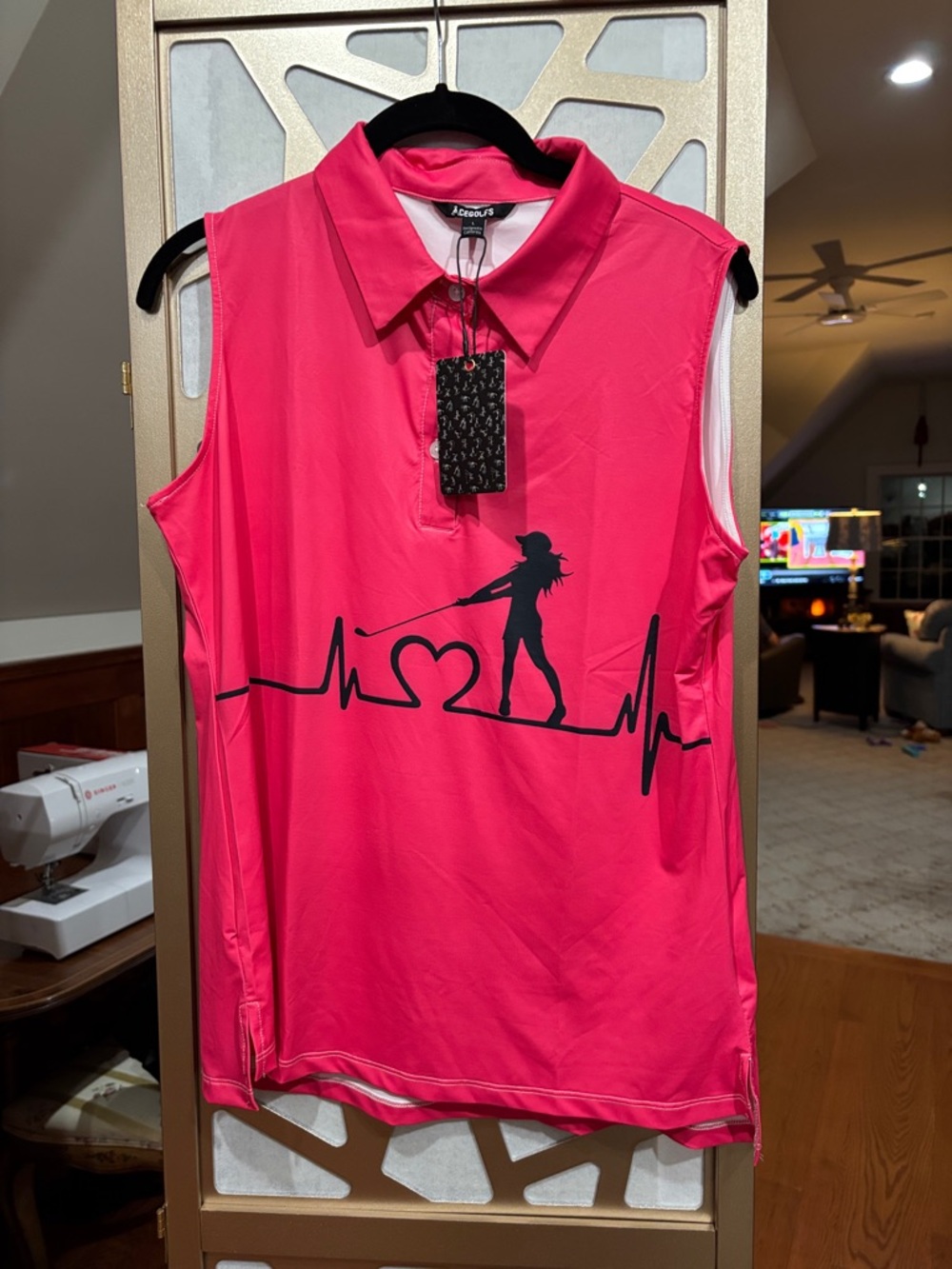 Sleeveless Pink Golf Polo with Heartbeat Golfer Graphic